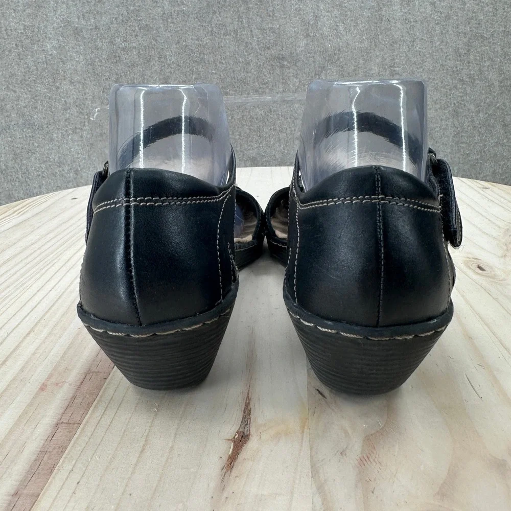 Clarks Wendy Land Sandals Womens 9.5 Black Leather Wedge Laser Cut Mary Jane